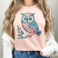 Cute Abstract Folk Art Owl Aesthetic Tshirt, Unique Colorful Scandinavian Drawing Top, Trendy Gift T