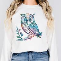 Cute Abstract Folk Art Owl Aesthetic Sweater, Unique Colorful Scandinavian Drawing Top, Trendy Gift 