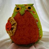 Fabric owl Halloween decoration candy corn print orange belly shelf sitter whimsical