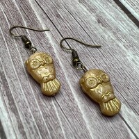 Owl Woodland Dangle Earrings Gold Pressed Glass Bead and Antique Brass