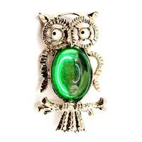 Vintage Owl on Branch Brooch - Light Goldtone Metal with Domed Green Glass Belly & Moving Eyes -