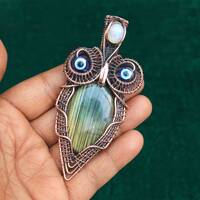Owl Labradorite Copper Wire Pendant, Evil Eye Moonstone