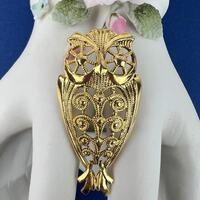Vintage 1960s Freirich Filigree Owl Bird Brooch Pin Gold Tone Round Over 1 Inch