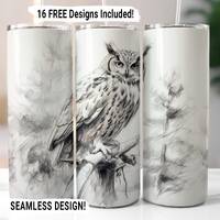Owl Tumbler Wrap Seamless Sublimation PNG, 20 oz Skinny Tumbler Wrap, Black and White Owl Sublimatio