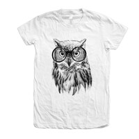 Owl T-Shirt: Womens Cotton Crew Neck Tee, Bird with Glasses