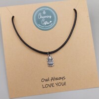 Owl Necklace &ndash; Tibetan Silver Charm on Adjustable Black Waxed Cord, Includes Personalised Back