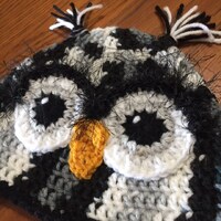 Toddler (1-3 yr) Crochet Owl Critter Hat with earflaps and braids black, white gray