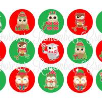 INSTANT DOWNLOAD Christmas Owls 1 Inch Bottle Cap Image Sheets *Digital Image* 4x6 Sheet With 15 Ima