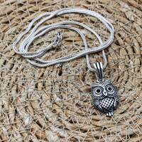Handmade Sterling Silver Owl Pendant Necklace - Turkish Mens Jewelry