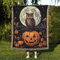 Owl Jack O'Lantern Woven Throw Blanket: Halloween Cottagecore Decor