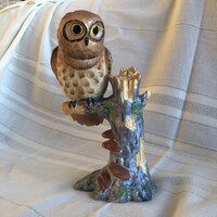 Vintage Ceramic OWL on a Tree Branch Figurine, MINT Condition, Circa 1950s-1970s, Large Statue 9&quo