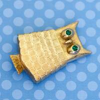 Vintage Dainty Geometric Owl Green Eye Rhinestones Brooch by Avon - M30