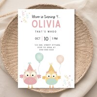Girls Owl Birthday Invitation, Custom Party Invite (Printable Invite)