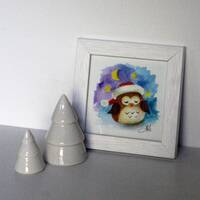 Aquarelle AVEC CADRE : Hibou de Noël