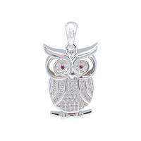 Sterling Silver Owl Pendant: Cubic Zirconia Crystals, Red Eyes