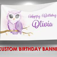 Owl Birthday Banner, Owl Baby Shower Vinyl Banner Decorations, Owl Party Decor, Baby Girl Owl Custom