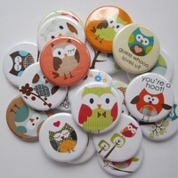 cute owl party favor button set or 20 you choose 1 inch 1.25 inch or 1.5 inch pin flat hollow or mag