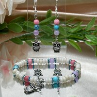 Owl Earrings & Bracelet Set | Turquoise and Coral Quartz Gemstone Beads | Sterling Silver French