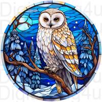 Owl stained glass round png sublimation digital design download wreath sign wind spinner cutting boa