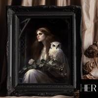 White Witch woman with Owl Dark Academia Cottagecore Gothic Floral Moody Decor Whimsical Wiccan Wall