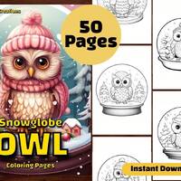 50 Owl Snowglobe Coloring Page Book, Snow Glass Bird Christmas Winter Festive Holiday, Printable PDF