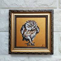 Original Owl Painting: Golden Framed Small Artwork 4x4 Gift for Bird Lover