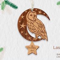 Owl and crescent ornament laser cut file, ornament DIGITAL DOWNLOAD FILE
