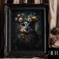 Moody Owl with Flower Crown Art Print: Dark Cottagecore Decor (Digital Download)