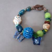 Eclectic Mix of Dyed Turquoise in Lime Green Blue Apatite and Czech Glass with Ceramic Owl and Blue 