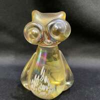 Art Glass Irridescent Yellow Owl, Handblown Glass Owl, Glass Owl Paperweight