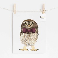 Baby Owl with Bow Tie Wall Art, Woodland Animal Nursery Print, Boy Room Decor