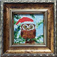 Christmas Owl in Forest painting original gold framed miniature Funny animals art Christmas gift wal