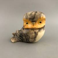 Alabaster Owl Figurine Paperweight with Glass Eyes from Italy