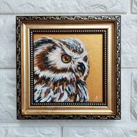 Owl bird painting original Golden Painting framed small artwork Portrait owl wall art Best friend gi