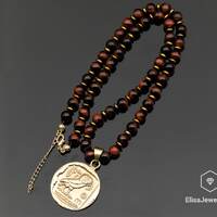 Courage Necklace Owl Coin Pendant Natural Red Tiger Eye Beaded Limited Edition Birthstone Men's