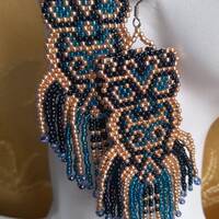 Owl Beaded Fringe Earrings: Gold & Blue Toho Beads