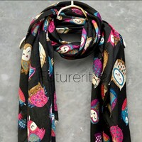 Charming Owls Pattern Black Scarf – Perfect All-Season Gift for Mom and Her