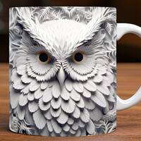 3D White Owl Mug Wrap, 11oz and 15oz Mug Design Digital Download PNG, Mug Sublimation Design Digital