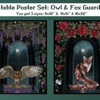 Poster Set: Owl and Fox Guardians-Gothic Woodland Decor-Watercolor Style Graphic-Dark Moody Wall Art
