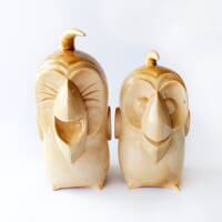 Hand Carved Ash Wood Couple Owls Statue: Minimalist Sculpture