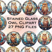 Watercolor Stained Glass Owl Clipart Mystical Fantasy Clipart Bundle with PNG transparent background