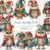Quirky Christmas Santa Owls Cartoon Watercolor Clipart PNG Bundl. AI Illustration. Instant Download