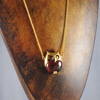 Owl Necklace Vintage Medium Size Tortoise Marbled Resin and Gold Toned Owl Pendant 1970s