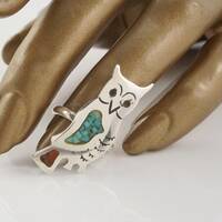 Southwest Horned Owl Ring, Size 5.25, Sterling Silver, Turquoise and Coral, Halloween Jewelry, Nativ