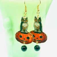 Pumpkin Owl Dangle Earrings, Jack-O-Lantern Jewelry, Lightweight Nickel Free Earrings, Custom Made