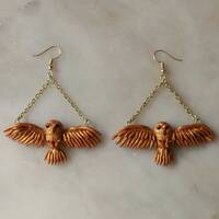 Gold owl earrings Hedwig dangle earrings bird in flight earrings Golden wings expanded jewelry Fores