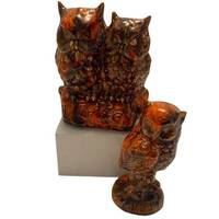 Owl Figurines Set of Two Vintage 1960s 1970s Ceramic Drip Glaze Orange Brown Boho Decor