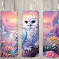 Seamless Pastel White Snowy Owl & Waterfall Design, Owl 20 oz Skinny Straight Tumbler Sublimatio