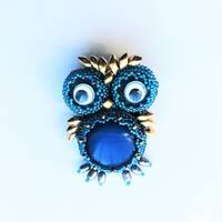 Beaded Beadwoven Owl Pin Blue Lucite Owl Galvanized Gold Genuine Pearls Movable Eyes Blue Owl Brooch