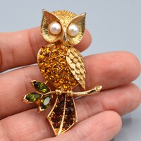 Vintage Rhinestone and Gold Tone Figural Owl Brooch with Pearl Eyes, Unmarked